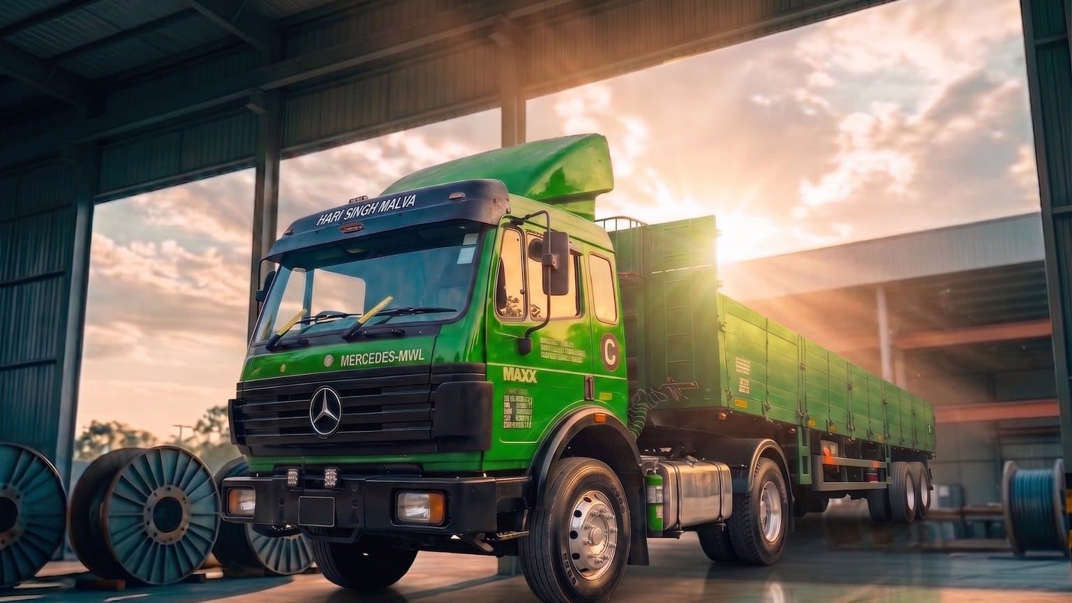 A Mercedes-Benz prime mover coupled to a loaded cargo trailer at OKAYA, Panchor Jaya